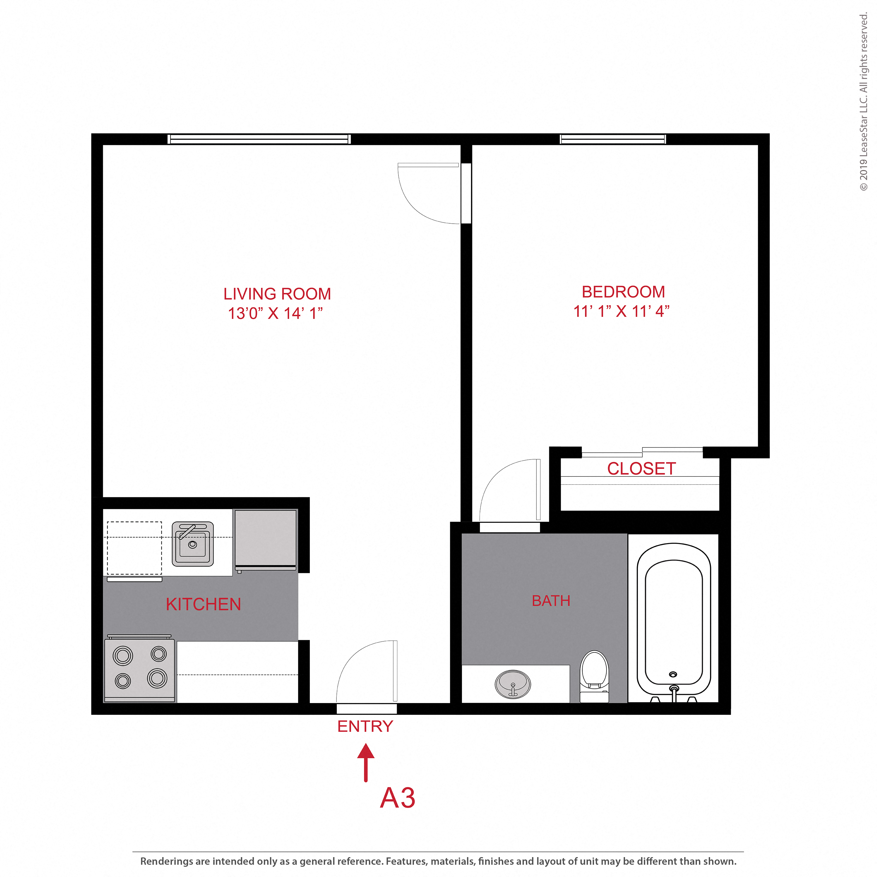 Floor plan for 1 bed, 1 bath, 487 sqft